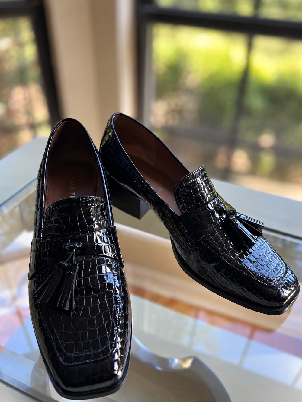 Donald Pliner Black Croc Embossed Tassel Loafers